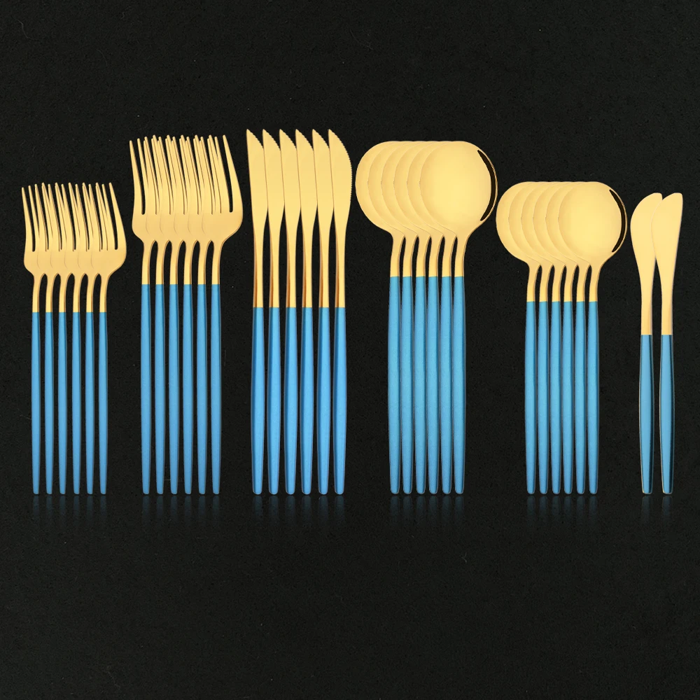 32Pcs Stainless Steel Cutlery Set Knife Dessert Fork Spoon Tableware Flatware Blue Gold Dinnerware Kitchen Silverware Set