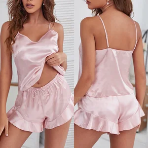 Strap Top&Shorts New Summer Female Pajamas Set Sexy Ruffle Pijamas Suit Loose Sleepwear Silk Satin Lounge Wear Home Clothes