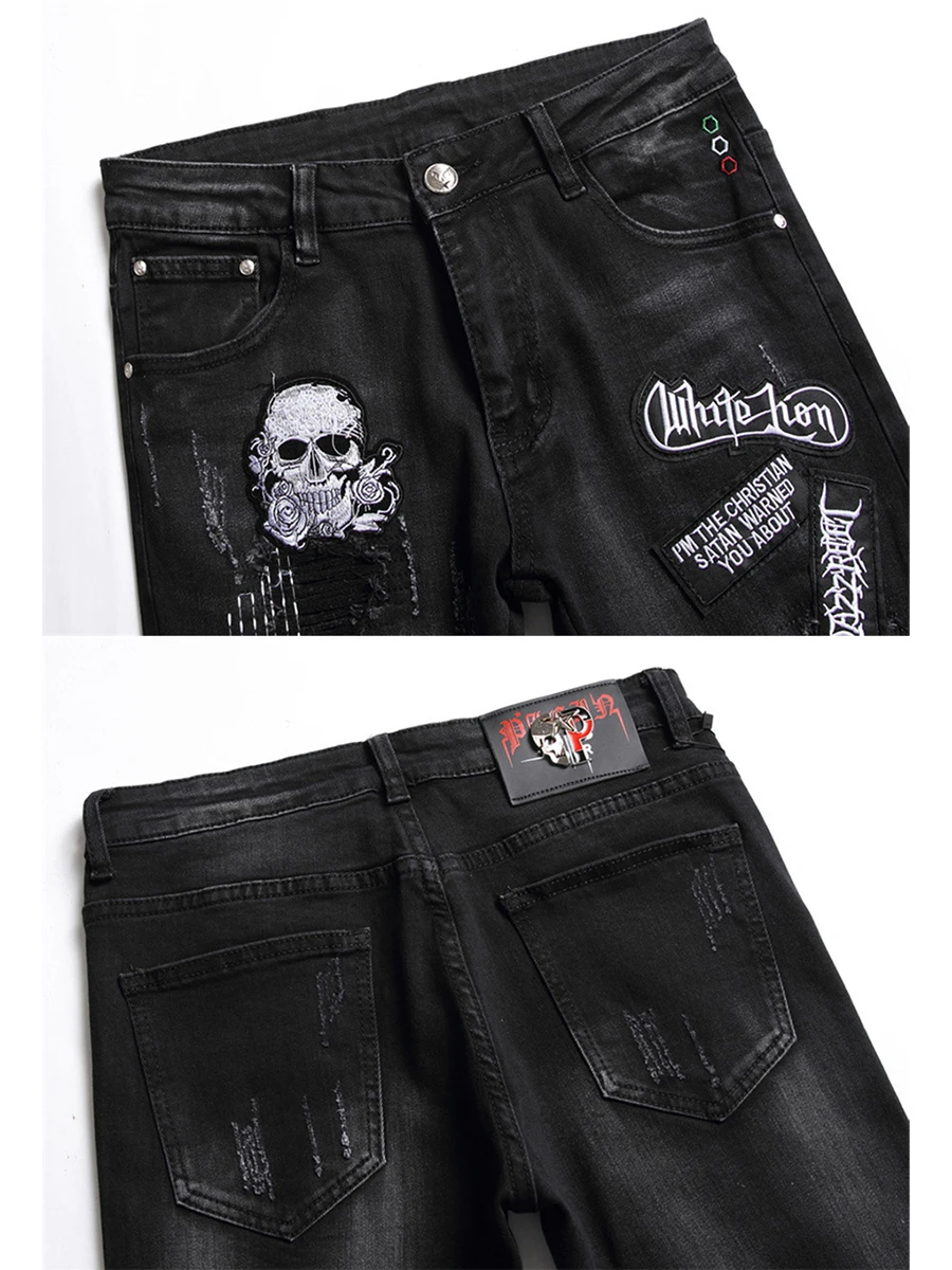 Four Seasons Punk Skull Street Jeans Men Hole Embroidery Letters Hole Harajuku Hip-hop Jeans Fashion Slim Jeans Men Ins Hot Sale