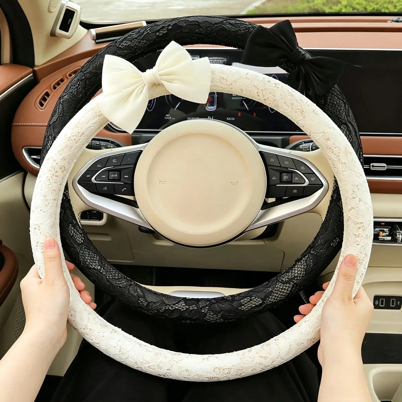 Фото Чехол на руль автомобиля 15 дюймов с кружевным узором и бантом для внедорожников, грузовиков, для ежедневных поездок и длительных путешествий №2