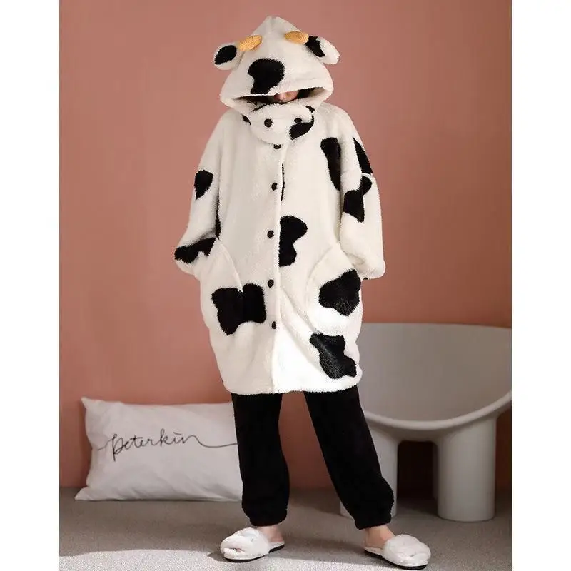 Women Winter Robes Home Clothes Flannel Sleepwear Girls Animal Fleece Pajamas Female Cartoon Cow Thick Hooded Nightgown Kawaii