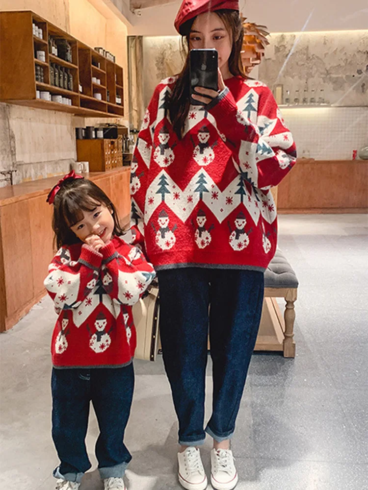 Parent-child Mother and Daughter Red Christmas Sweater Autumn Winter New Girls Knitted Bottoming Shirt Children's Clothing