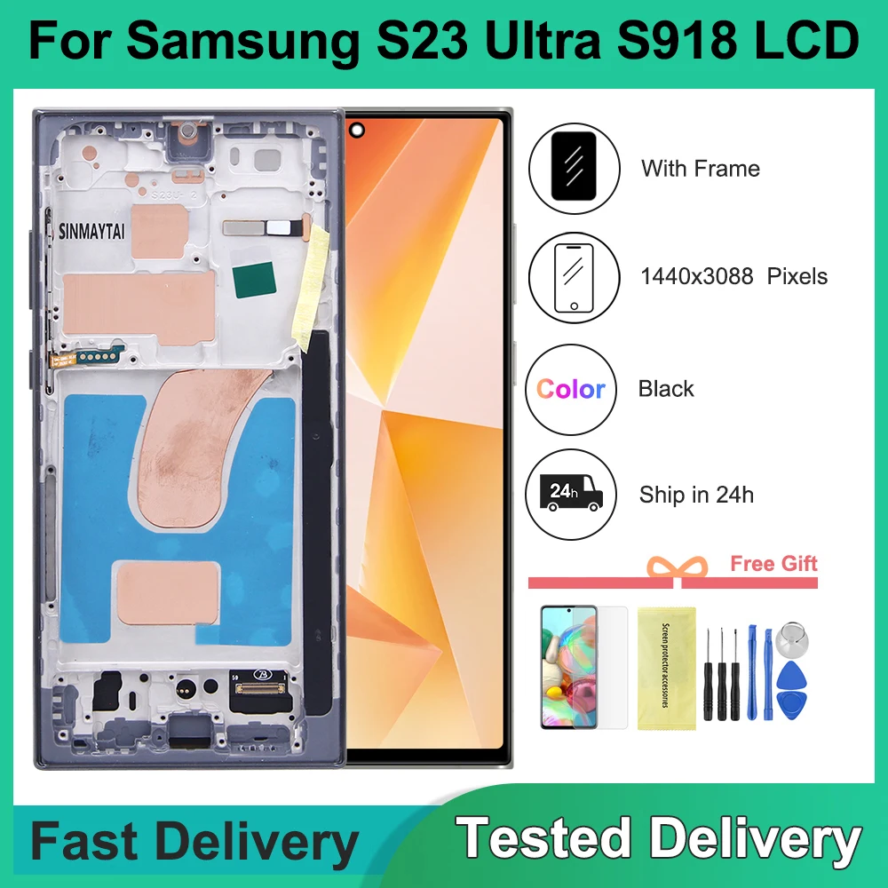 Для Samsung S23 Ultra LCD Test TFT Display S918 SM-S918B SM-S918U Сенсорный экран с рамкой в сборе Замена для