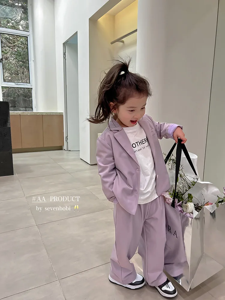 

Корейский весенне-осенний детский хлопковый костюм из 2 предметов для девочек, однотонные свободные брюки с отложным воротником, пальто в западном стиле, детская одежда для девочек, 2023