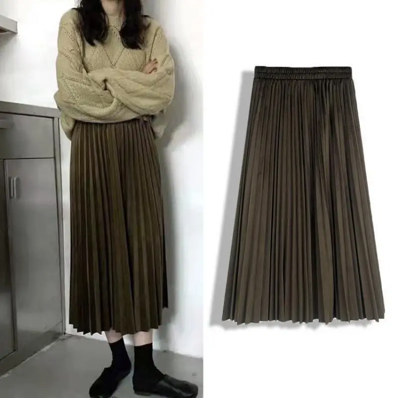 

2022 Spring Autumn New Elastic High Waist Thin Velvet Pleated Skirt Simple Solid Loose Casual Women Umbrella Skirt Free Shipping