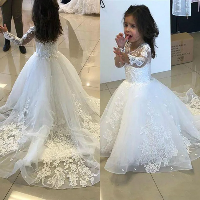 

White Flower Girls Dresses For Lace Appliques Long sleeve Little Kids First Communion Clothing Pageant Party Formal Occasion