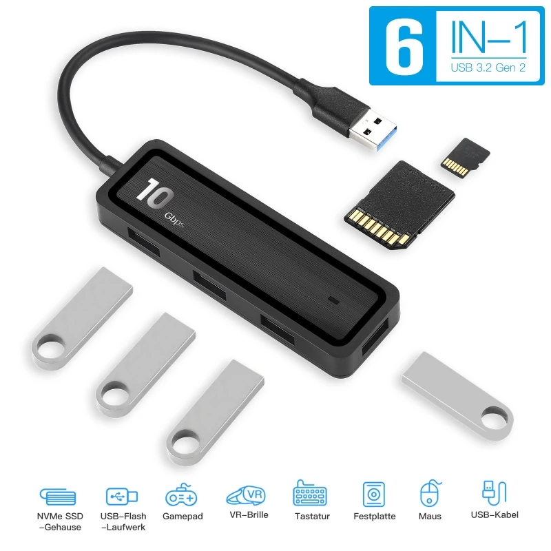 

6 in 1 USB /Type-C Hub, 4x USB 3.1 Gen2 Data Hub SuperSpeed up to 10Gbps,Data Hubs Applicable for Maus/USB-Kabel K1KF