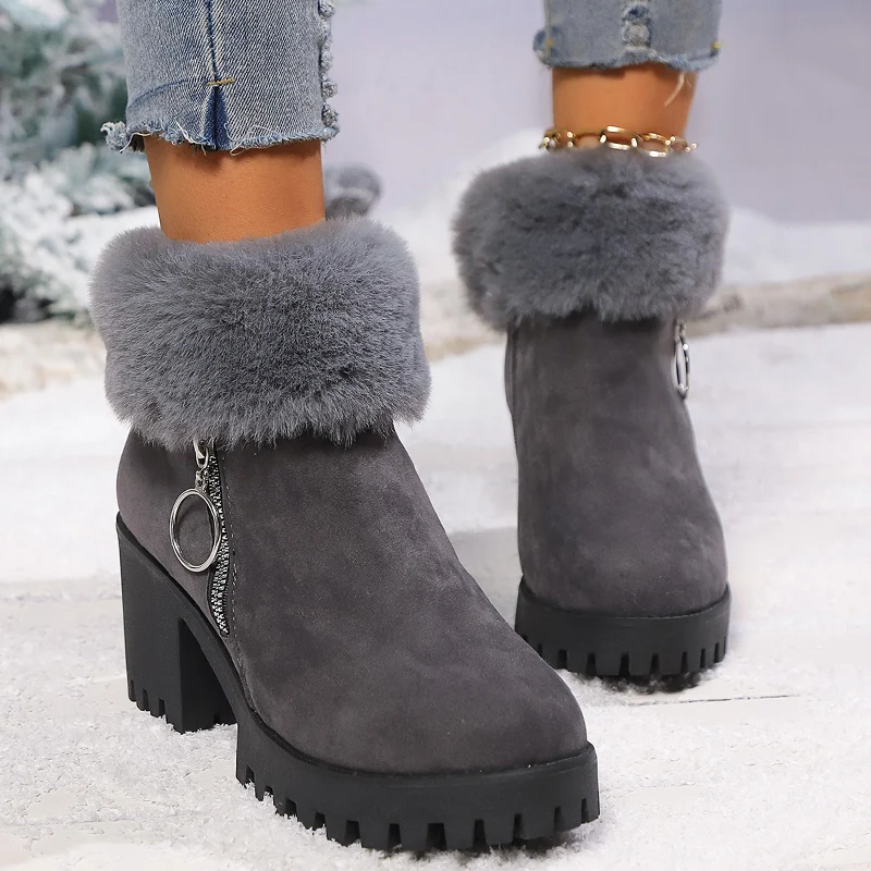 Женские зимние ботильоны на высоком каблуке платформе замшевые массивные туфли