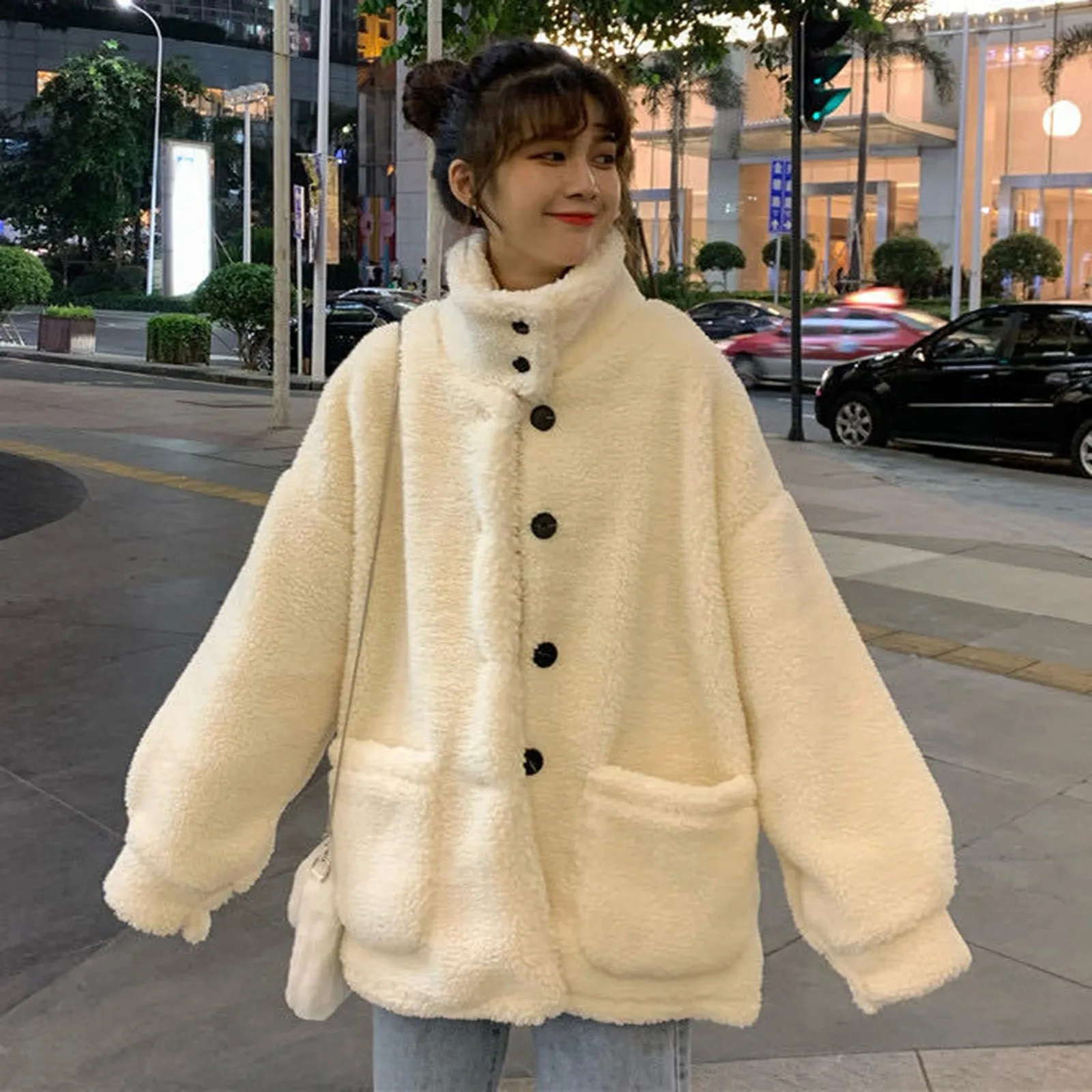 

Casual Fleece Coat Women Jacket Autumn Winter Korean Faux Lamb Wool Loose Stand Collar Plush Button Sweatshirt Outwear Hoodies