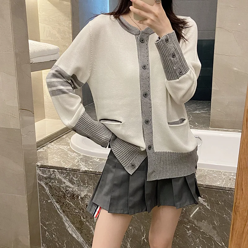 

High Quality TB Wool Knitted Cardigan Women's Fall/winter 2023 Thin Long Sleeve Contrast Pocket Color-block Crewneck Coat