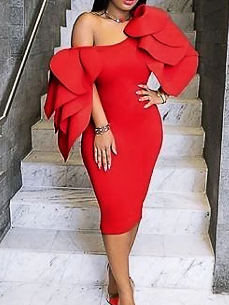 

AOMEI Sexy Red Party Dresses Bodycon Women Cascading Ruffles Elegant Short Sleeves Midi Robes Birthday Homecoming 4XL 2023 New