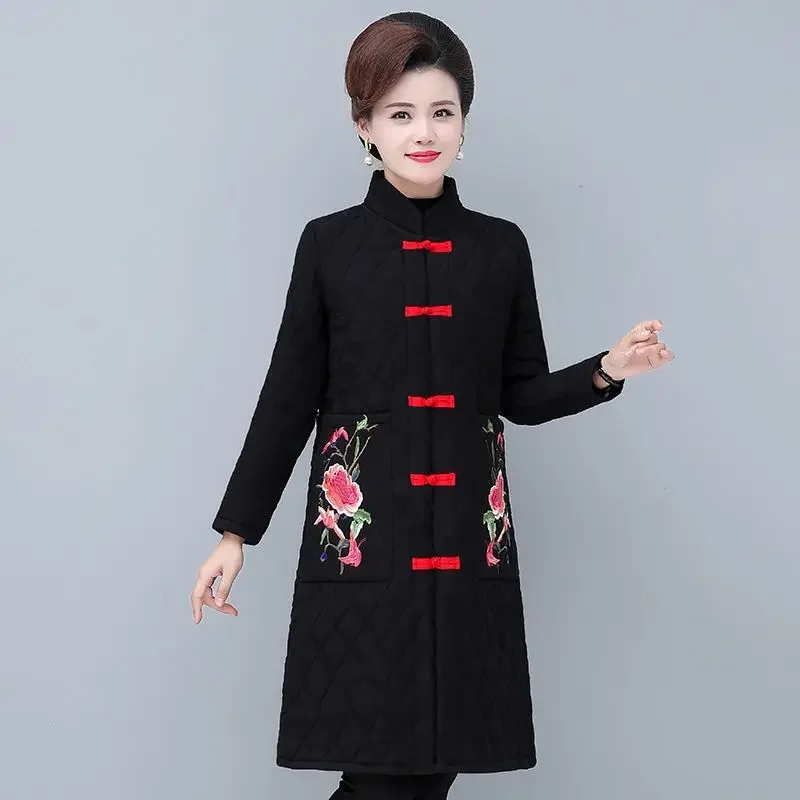 Стеганая куртка в этническом стиле Женский приталенный наряд средней длины для