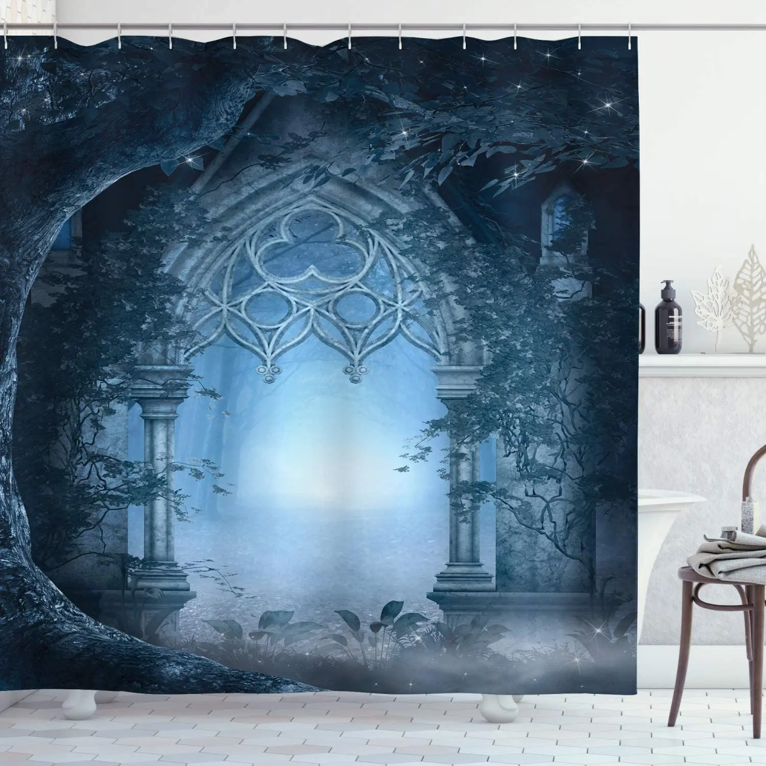 

Фантазийная душевая занавеска, Проходная дверь через очаровательный туманный дворец в ночное время, тканевая ткань для ванной комнаты Dec