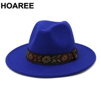 hoaree royal blue women men wool fedora hat lady winter autumn wide brim jazz church panama sombrero cap vintage trilby hat
