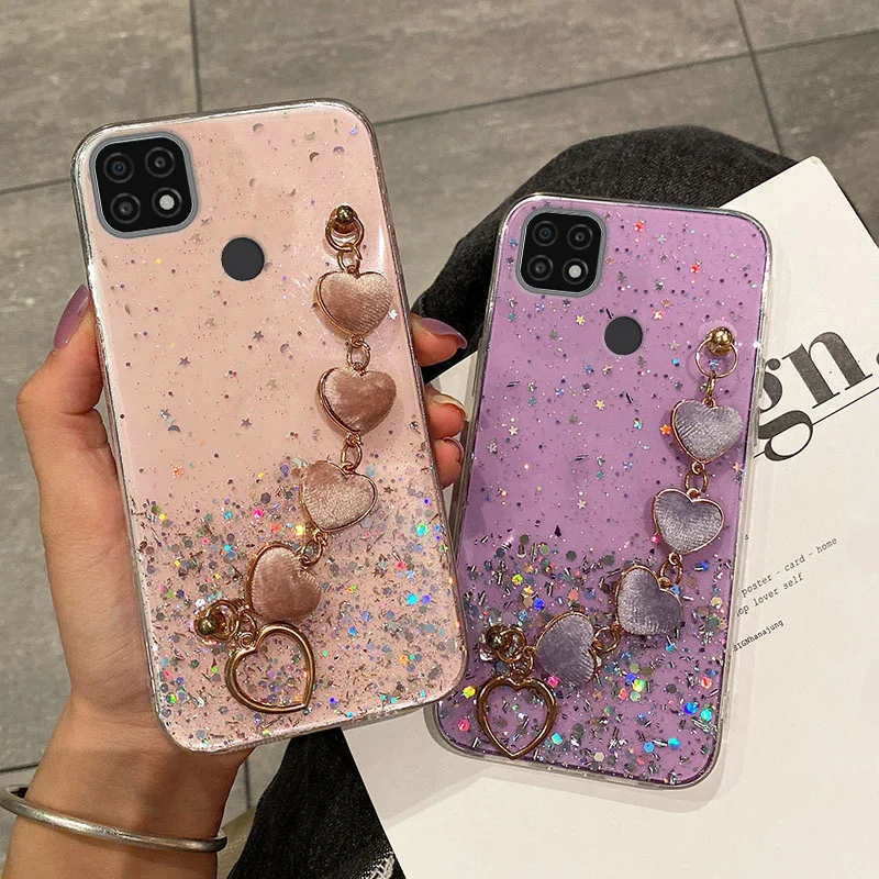 luxury love heart plush bracelet phone case for realme c21 6 7 7i 8 8i pro c11 c15 c25 xt x50 x7pro wrist chain silicon cover free global shipping