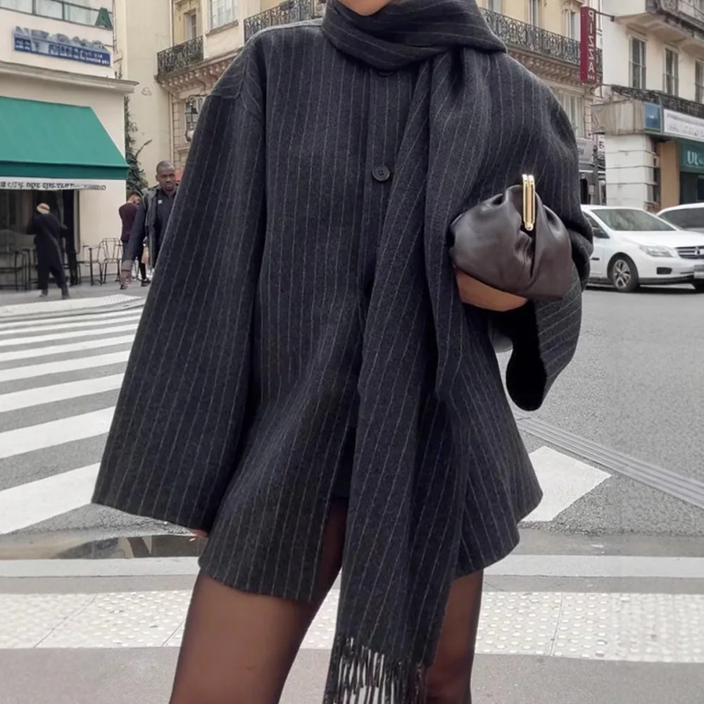 LGRQ 2024 новая зимняя модная женская одежда шарф в полоску однобортная шерстяная