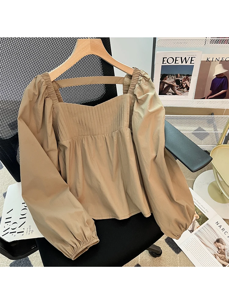 

Элегантная винтажная блузка с длинным рукавом и квадратным воротником для женщин, французские шикарные короткие облегающие топы, женские пикантные укороченные свободные рубашки