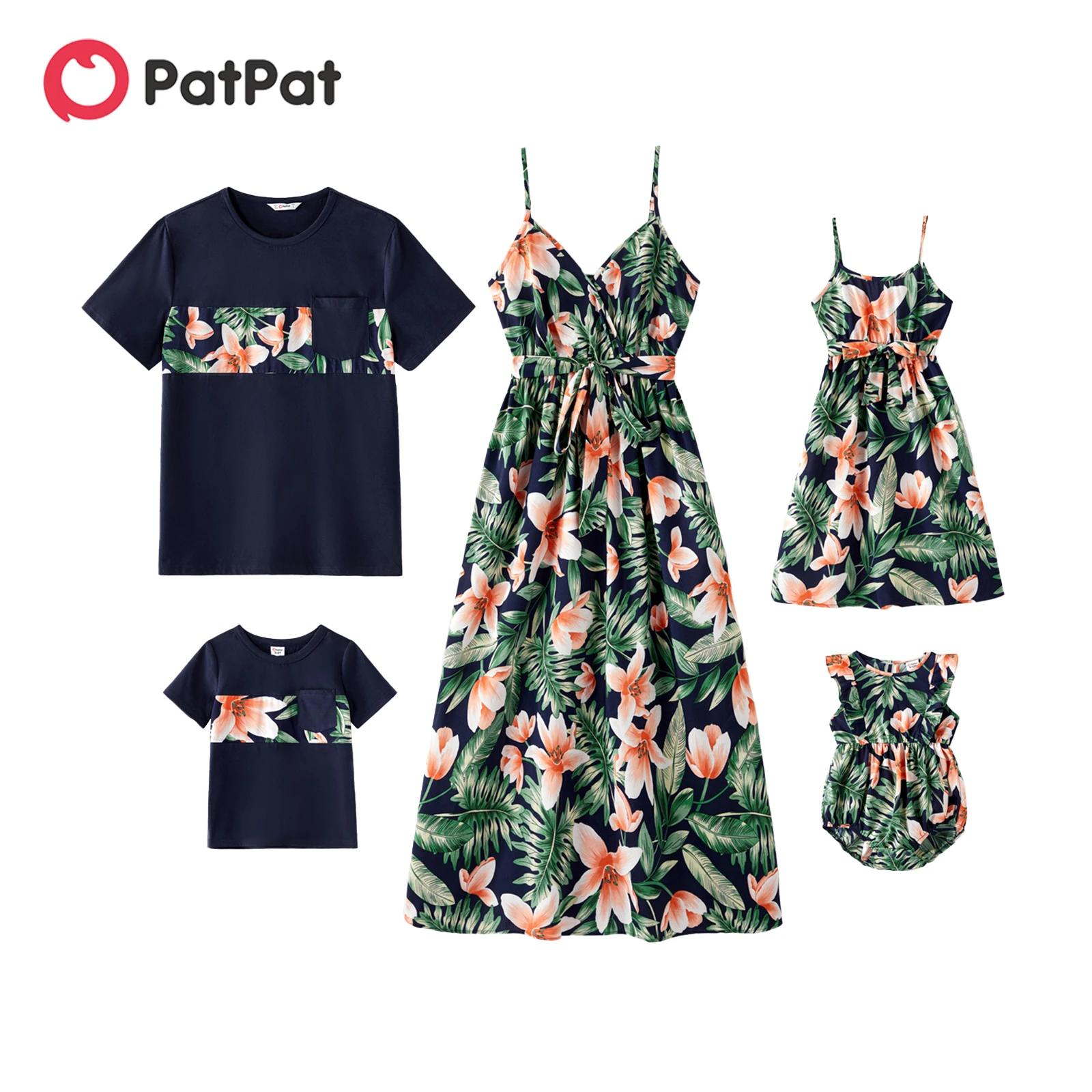 

PatPat Family Matching Cotton Short-sleeve Spliced T-shirts and Allover Floral Print Belted Cami Dresses Sets