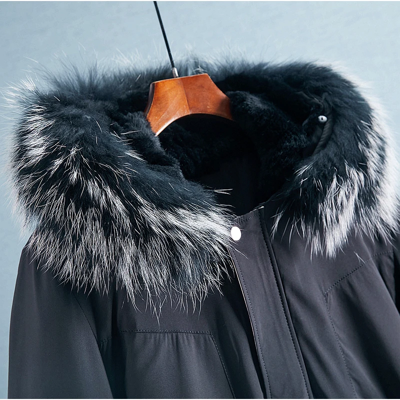 Big Fur Collar Cotton Coat Men's 2022 New Rabbit Fur Mid-Length Drawstring Fur All-In-One Overcoming Jacket Men's Coat