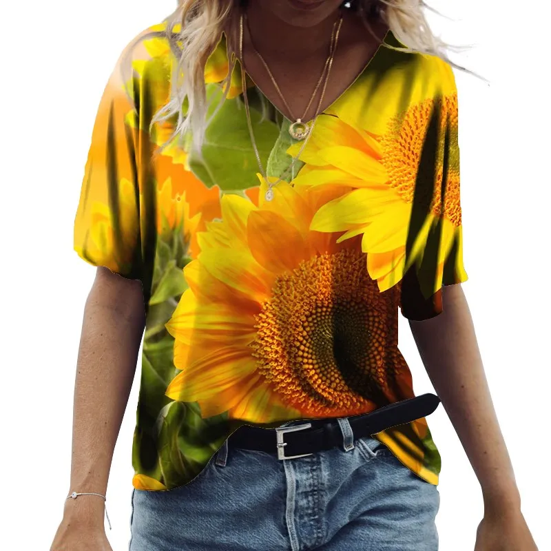 

Модные женские футболки с цветочным принтом, летний топ, Пляжная Повседневная Свободная футболка, винтажные Топы с коротким рукавом, женская футболка с V-образным вырезом