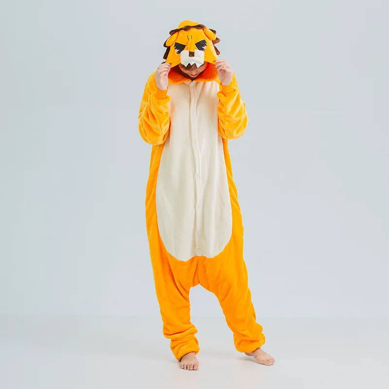 Women Adult Winter Warm One-Piece Garment Polyester Comfortable Thick Hooded Animal Lion Pajamas With A Tail  Cosplay Jumpsuits