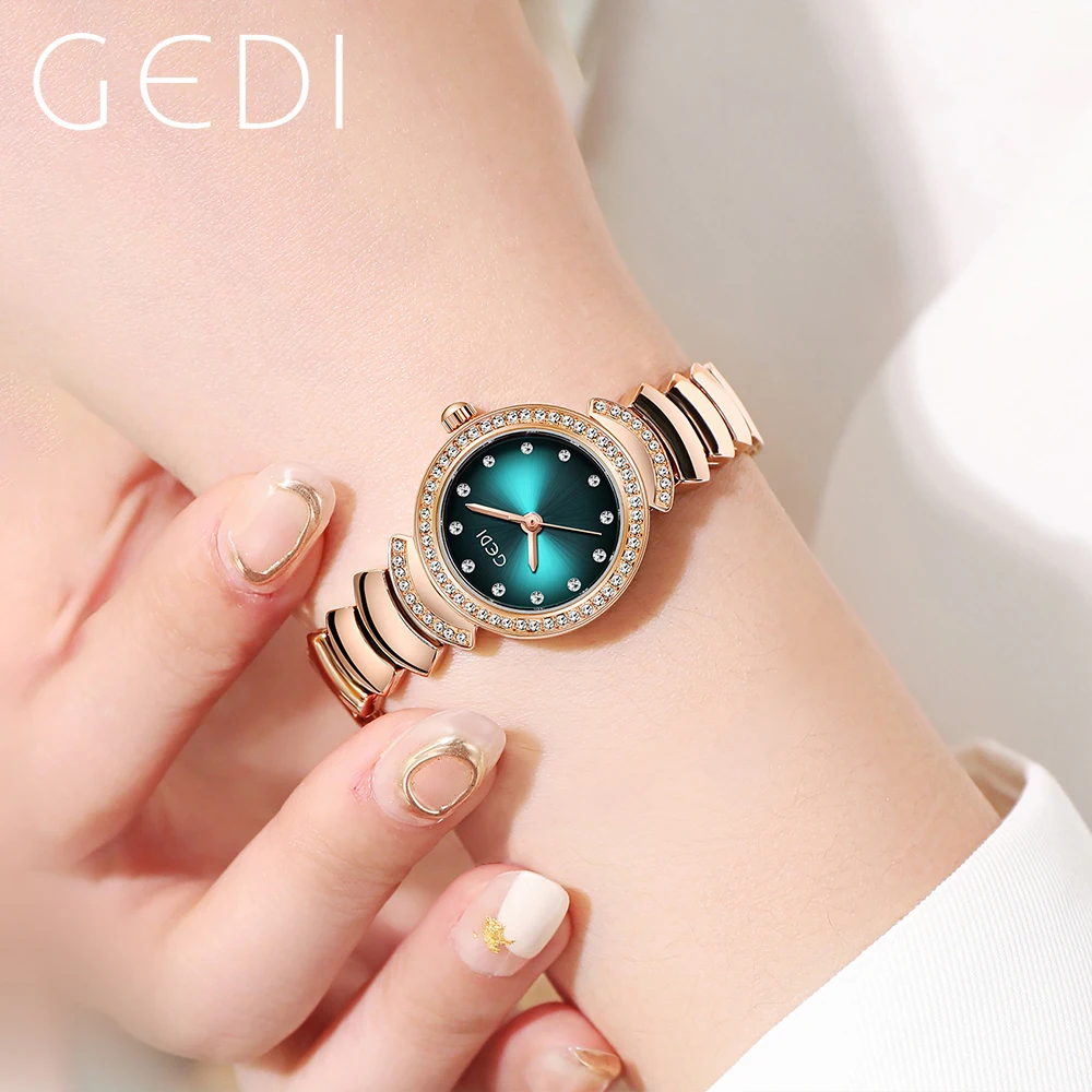GEDI Waterproof Stainless Steel Women Bracelet Watch Luxury Fashion Full Diamond Small Rose Gold Ladies Quartz Watches Gift 2023