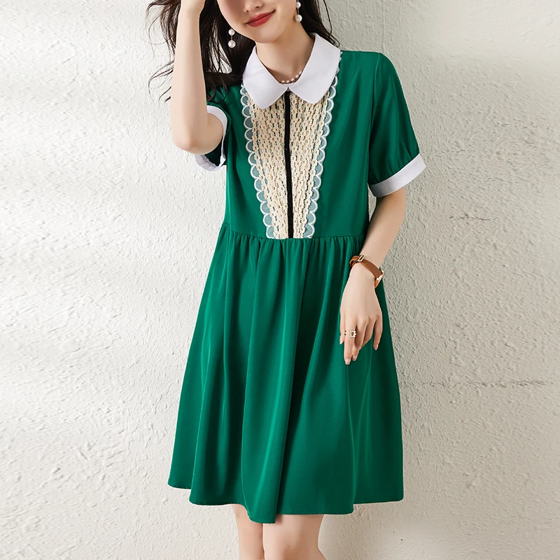 # 8026 Зеленое черное короткое платье трапециевидной формы с воротником Питера