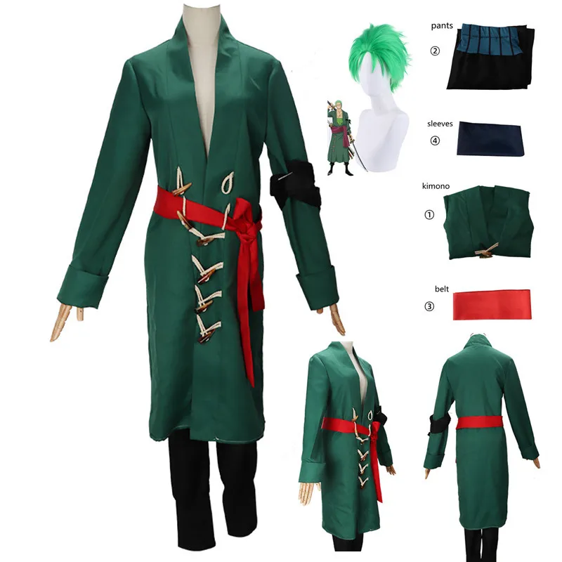 

Костюм для косплея Зоро ророноа из японского аниме, полный комплект из искусственных волос, парик, пальто, брюки, рукава, ремень, зеленый. Кимоно