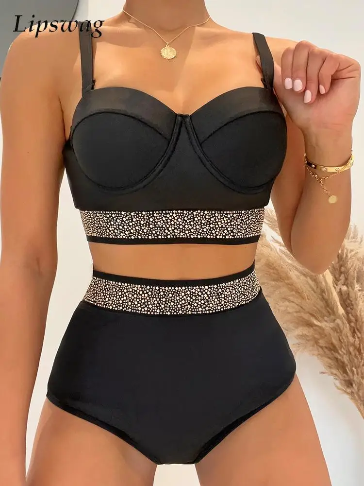 

2022 Sexy Sling Underwire Two Piece Swimsuit Summer Splicing Elasticity High Waist Swimwear Women Push Up Beachwear Bathing Suit