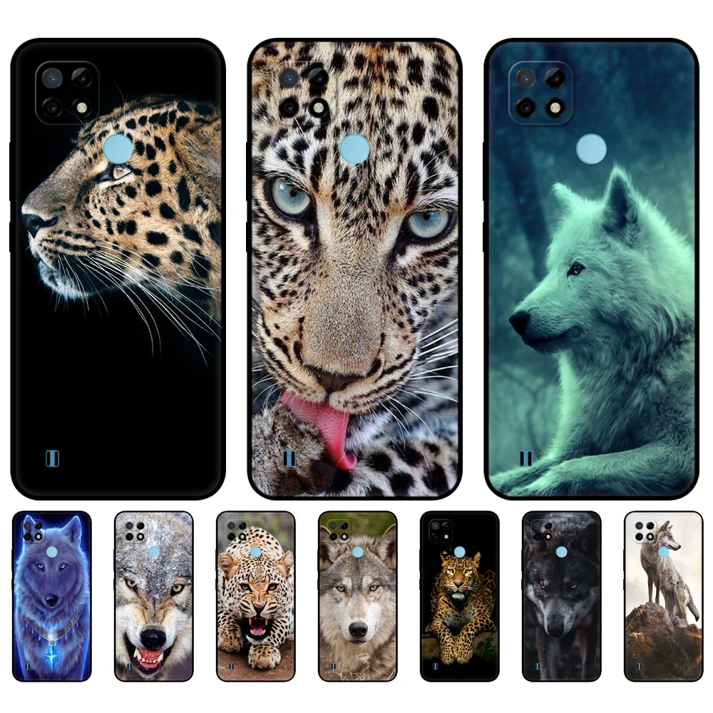 

Black tpu Case For OPPO Realme C11 2021 C20 C21 Case C11 2020 phone Back Cover Bumper Animal wolf tiger leopard