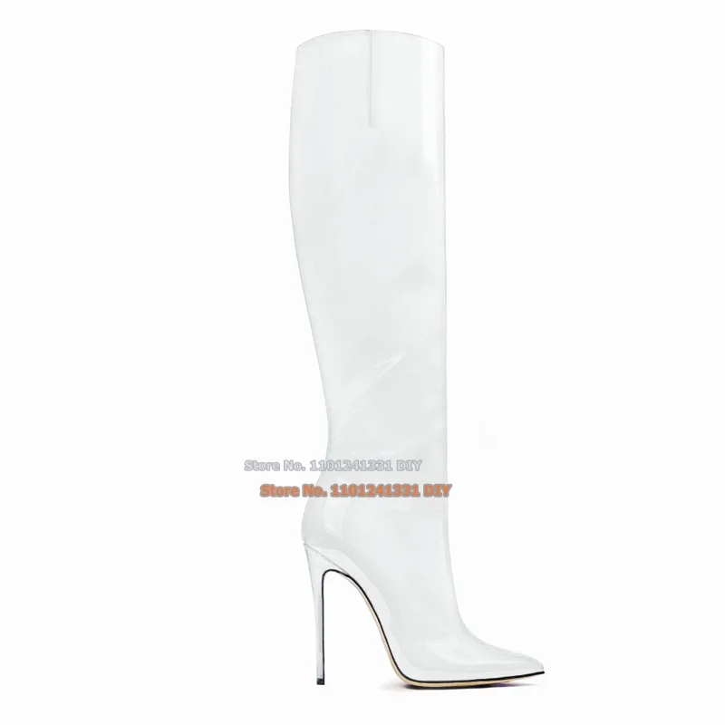 Red Bright Glossy Patent Leather Pointed Toes Knee High Boots Women Handcrafted Stiletto Heeled Long Bota High Heel Shoes