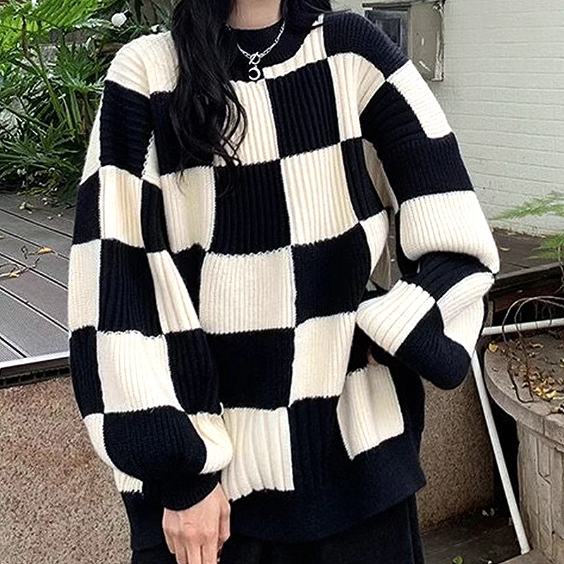 

Winter Clothes Women's Sweater Long Thick Sweater Coat Lovers Round Neck Pullover Checkerboard Pit Casual Pull Knit Coat