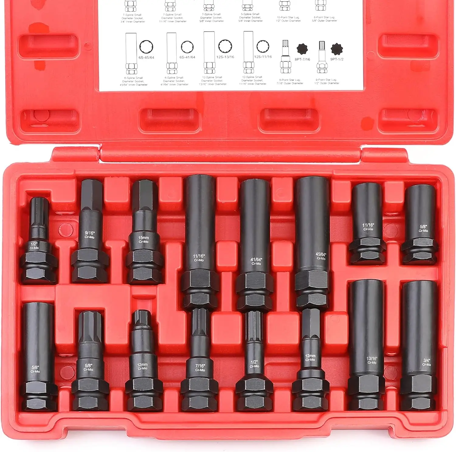

Lug Nut Key Set, 16 Piece Set for Removing Locking Nuts on Aftermarket Wheels, Standard SAE and Metric Pieces, Used on Spline,