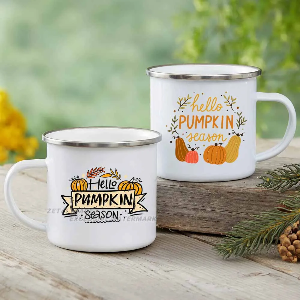 

Hello Fall Pumpkin Printed Vintage Enamel Cups Adventure Custom Gift Tea Milk Coffee Cup Wine Juice Handle Mug Drinkware Gifts