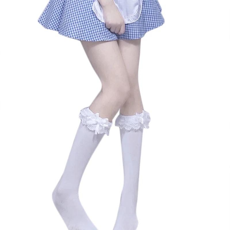 Japanese Lolita Maid Cosplay Knee High Long Socks Sweet Layered Ruffled Lace Big Bowknot Kawaii Cotton School Uniform Tube