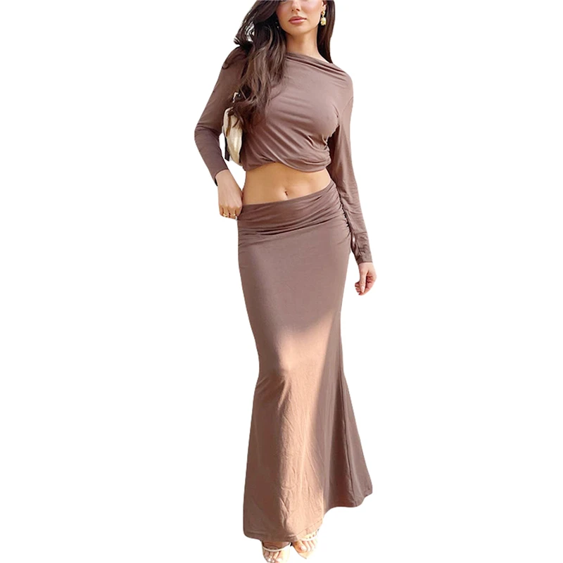 

2Pcs Outfits for Women Solid Color Long Sleeve Ruched Crop Top and Low Waist Long Bodycon Skirt y2k Clothes Set Streetwear