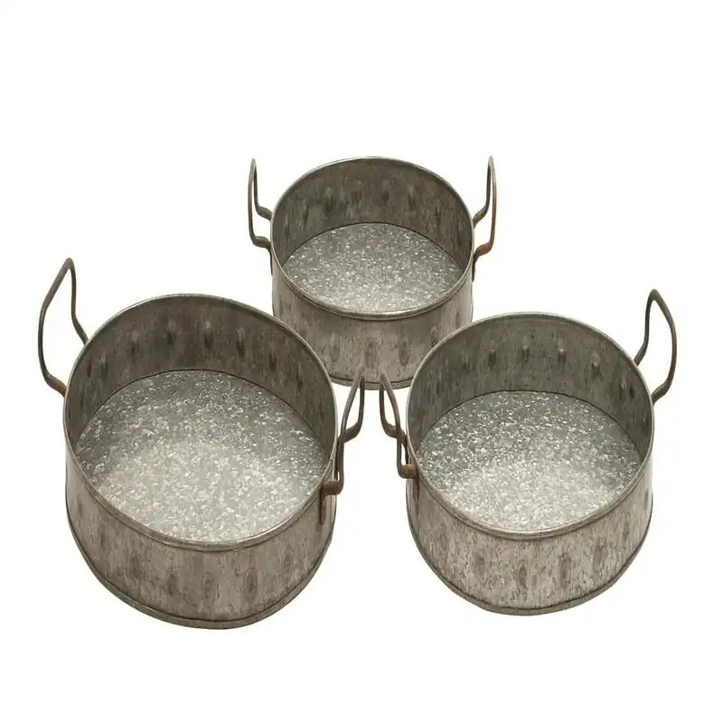

21", 19", 18"W Gray Metal Galvanized Tray with Rust Handles, 3-Pieces Cake Fruit Dessert Tray Snack Plate Kitchen Organizer
