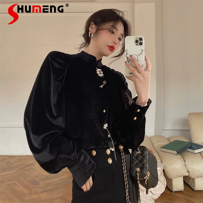 

Бархатная рубашка с воротником-стойкой, Женская осенне-зимняя французская винтажная блузка со складками, характерный Женский Топ с длинным...