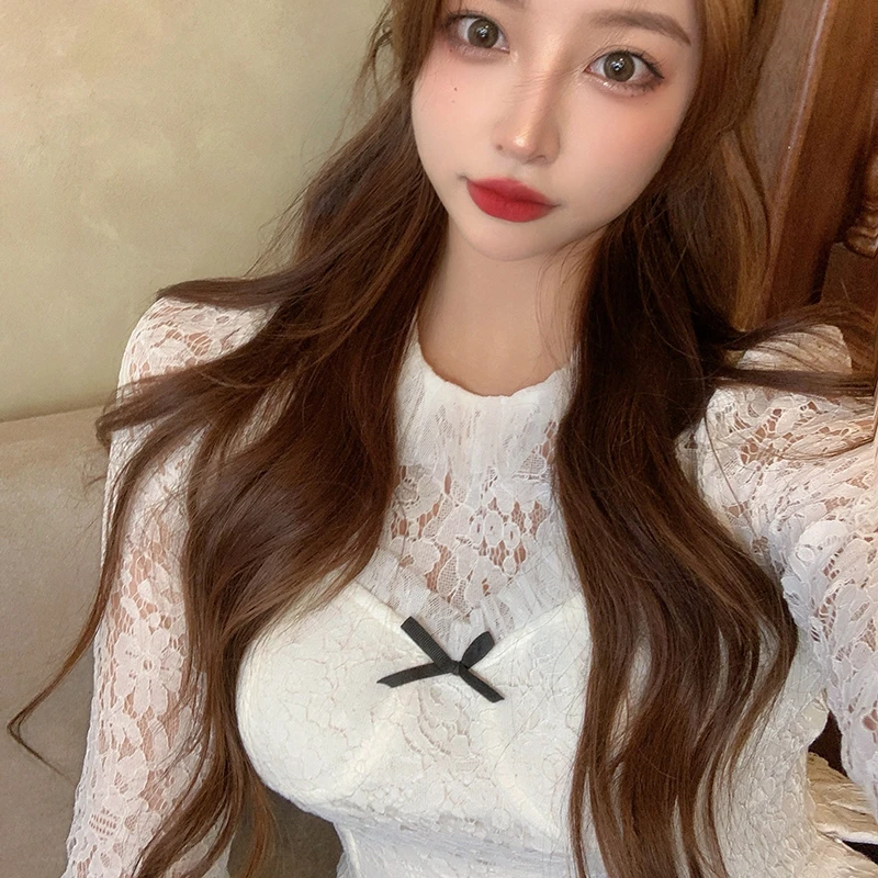 

Hotsweet O Neck Lace T-shirt with Bow Women's 2022 Autumn Japanese Style White Tops with Hollow Short Long-sleeved Shirt