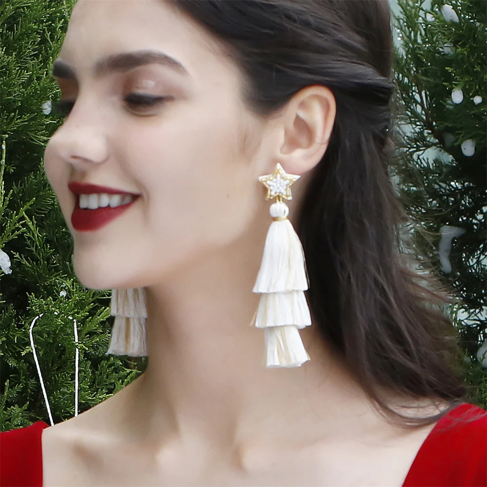 

NCEE 2023 New Fashion Long Tassel Earrings Handmade Star Christmas Tree Earrings Jewelry Gifts Holiday