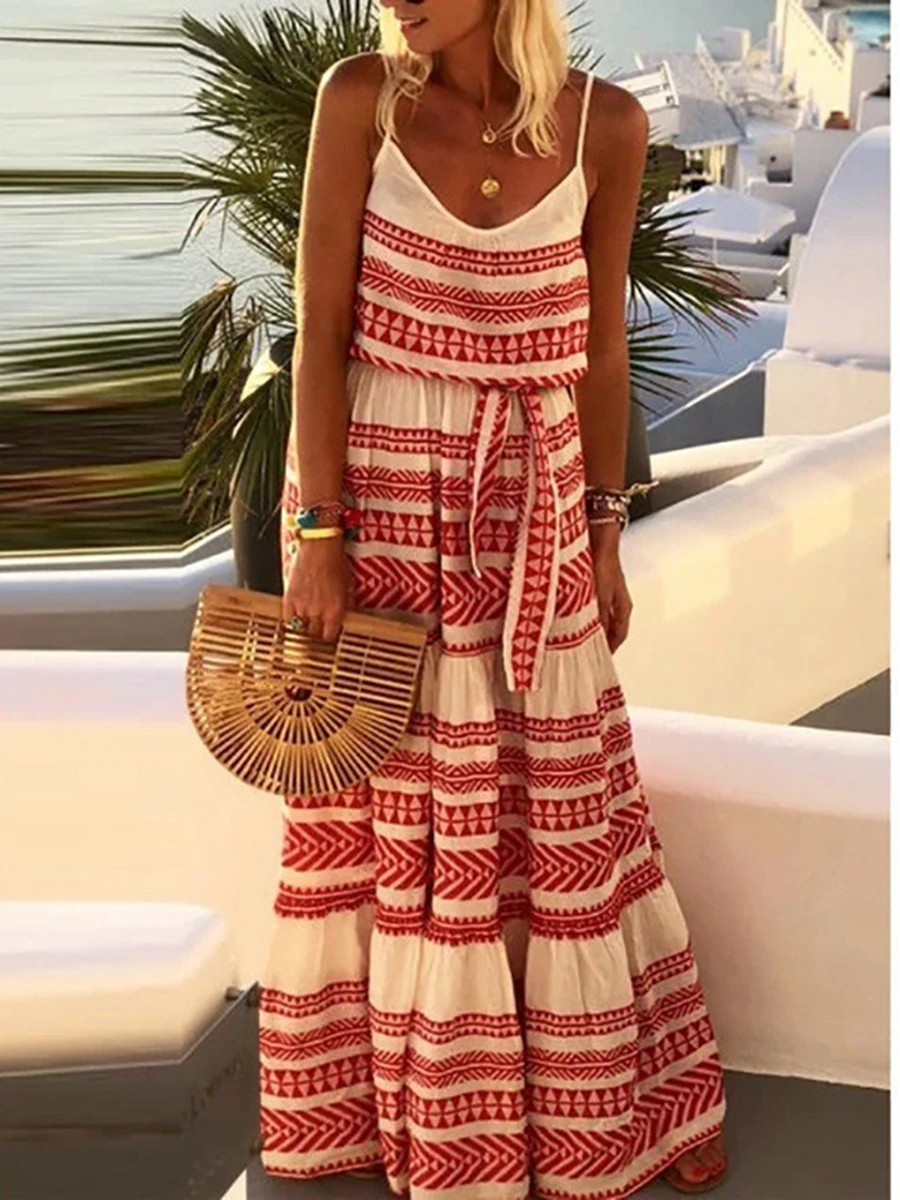 

Maxi Dress Woman Vintage Boho Long Dress Female Summer Striped Casual Beach Style Fashion Sundress Sleeveless Belted Robe Femme