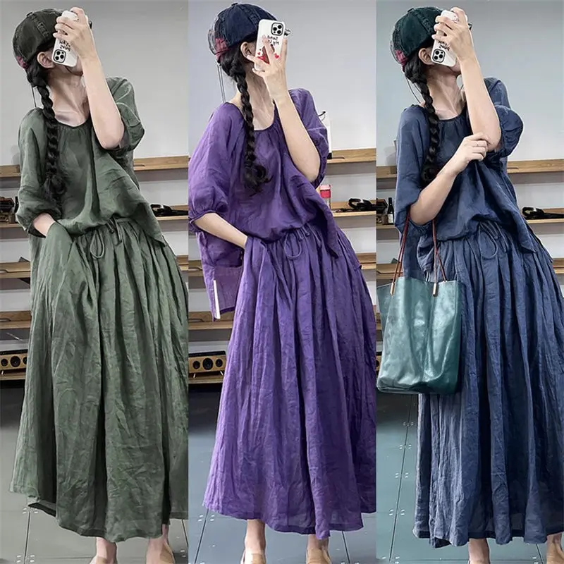 

Summer Cotton And Linen Outfits Fashion Tops And Skirt For Women 2023 New Casual Loose Ramie Shirt Stylish Two Piece Set Z1784