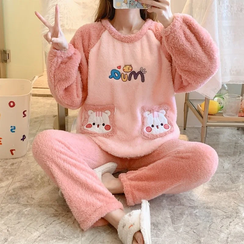 QWEEK Kawaii Cat Pijamas Winter Pajamas for Women Round Neck Flannel Pocket Pyjamas Two Piece Sets Sleepwear Pour Femme Roomware