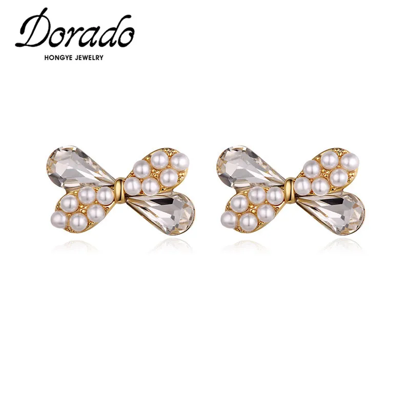 

Dorado New Arrival Fashion Glass & Pearls Bowknot Stud Earrings For Women Metal Charm Party Brincos Jewelry Wedding Bijoux 2023