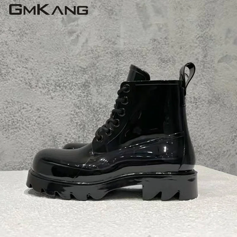 Runway Jelly Shoes Women Rubber Waterproof Rain Shoes Woman Round Toe Lace Up Flat Short Boots Lady Candy Color Rain Boots Women