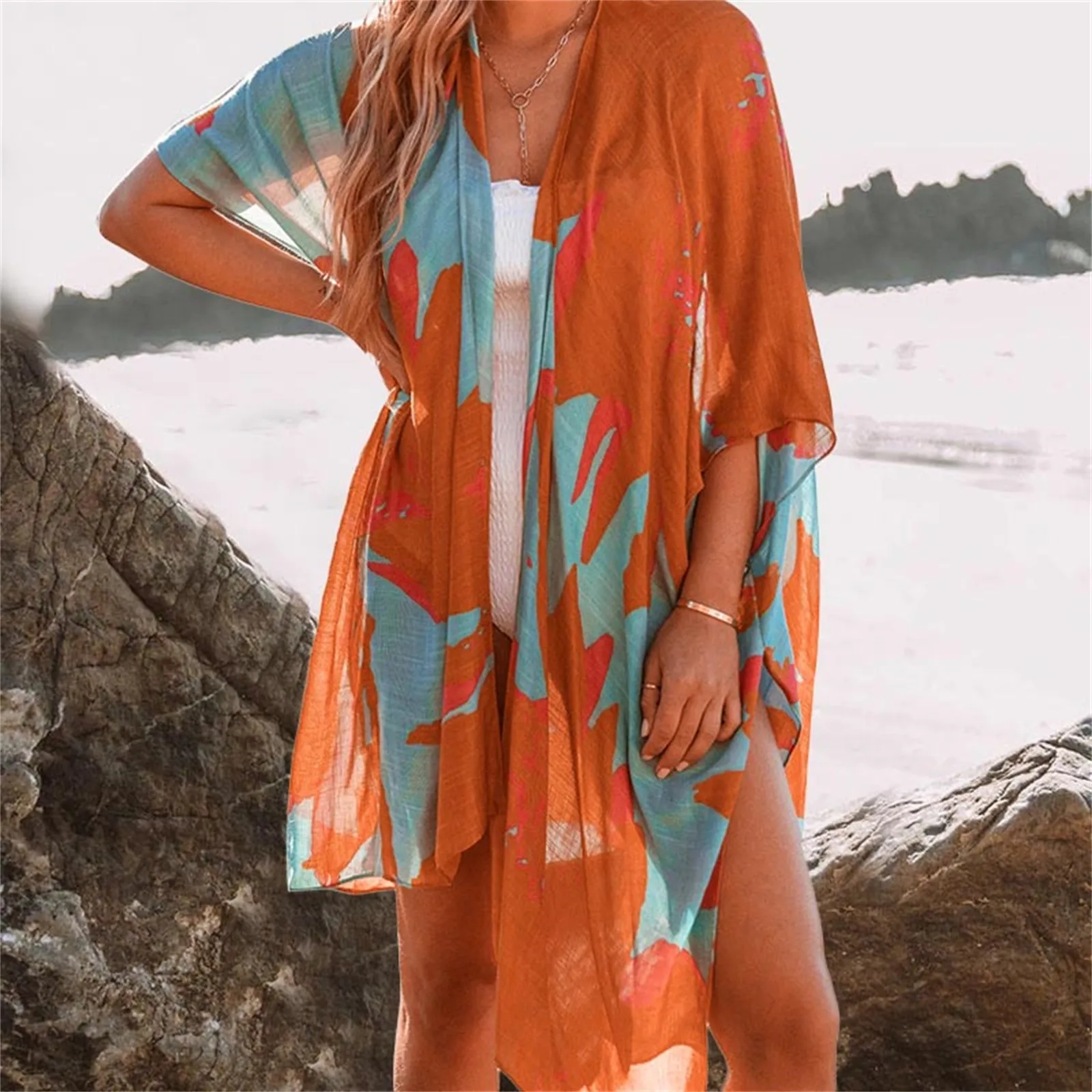 

Женский кардиган-кимоно с цветочным принтом и пышными рукавами