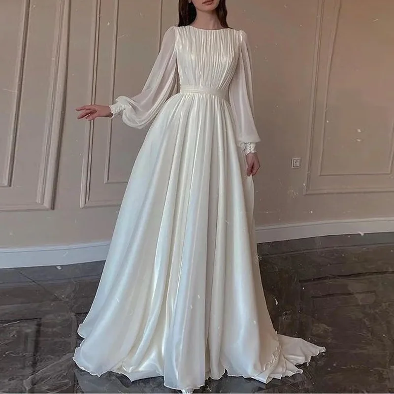 

SKMY New Winter 2021 Women Clothing White Dress Round Neck Long Sleeve High Waist A-Line Solid Color Evening Party Long Dress