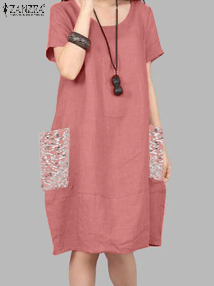

Платье ZANZEA женское с круглым вырезом, модный праздничный Свободный Повседневный Сарафан оверсайз с коротким рукавом, с карманами, на лето