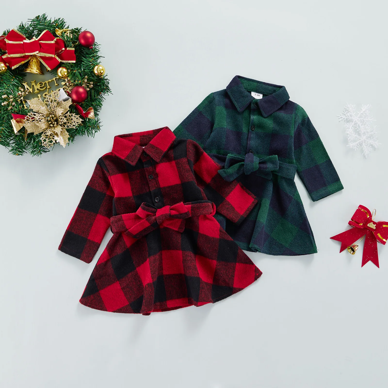

Bmnmsl Baby Girls Christmas Plaid Print Dress Cute Long Sleeve Button Front Belted Loose Coat Dress