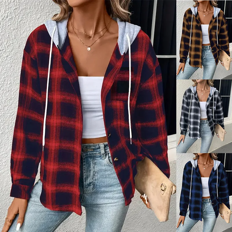 

Women's Shirts Plaid Fashion Streetwear Casual Long Sleeve Female Clothing Tops Hooded Clothing Spring Autumn